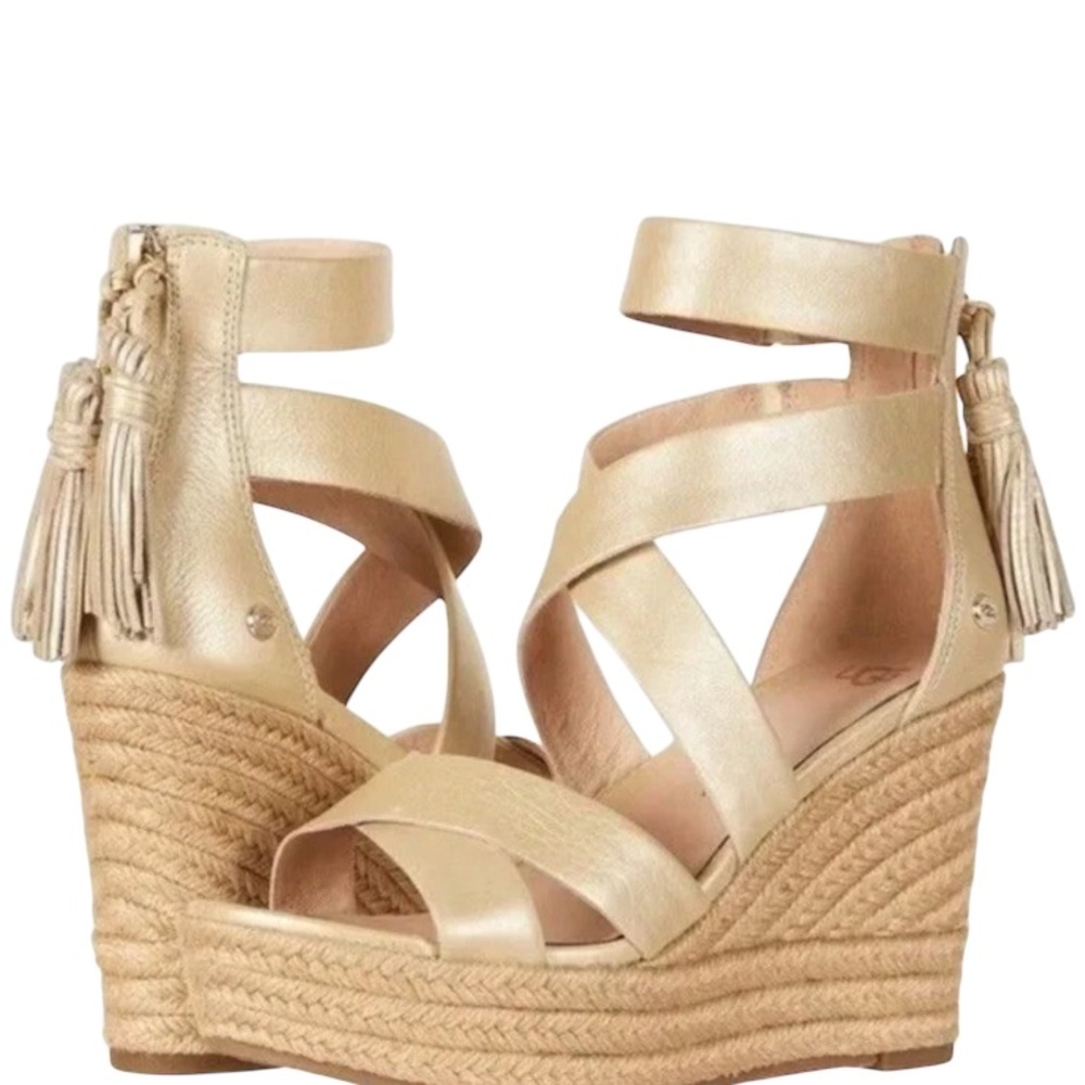 UGG Women’s Raquel Metallic Platform Wedge Sandals In Soft Gold Size 9.5 - Picture 2 of 16
